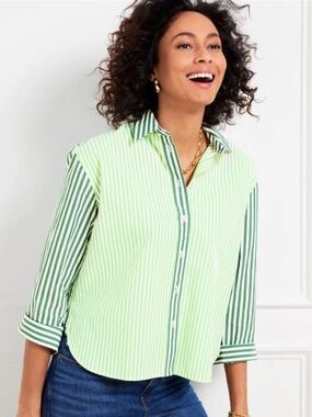 Talbots Green Stripe Poplin Button-Front Shirt Petite Medium